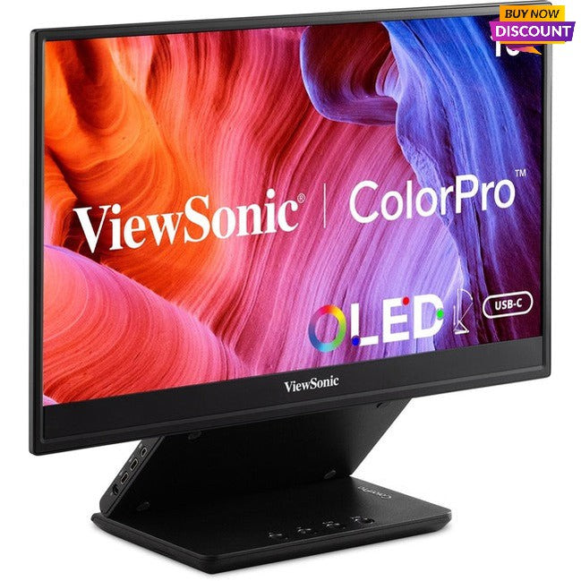 ViewSonic VP16-OLED 15.6 Inch 1080p Portable OLED Monitor with 2 Way Powered 40W USB C, Pantone Validated, Factory Calibrated, Built in Ergonomic Stand with Protective Cover