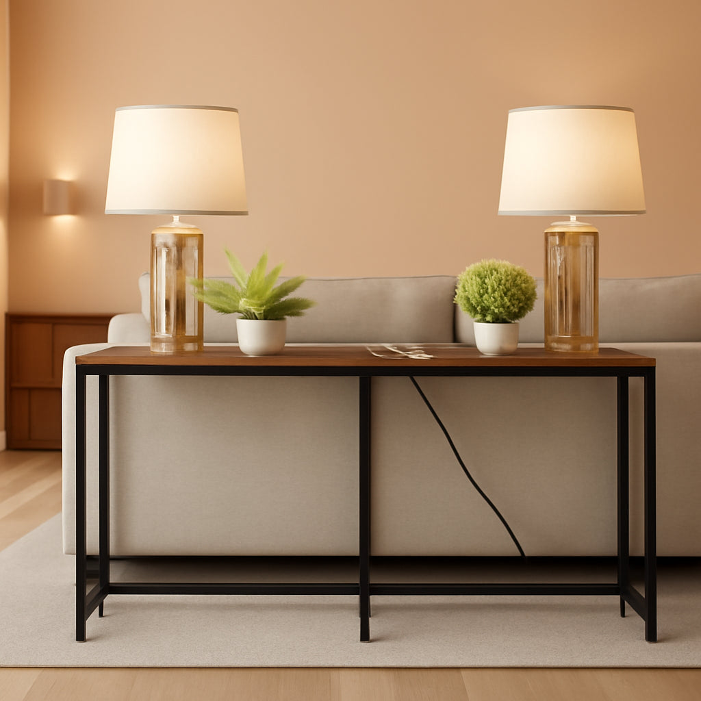 Vintage Brown Console Table With Power Outlets And USB Ports