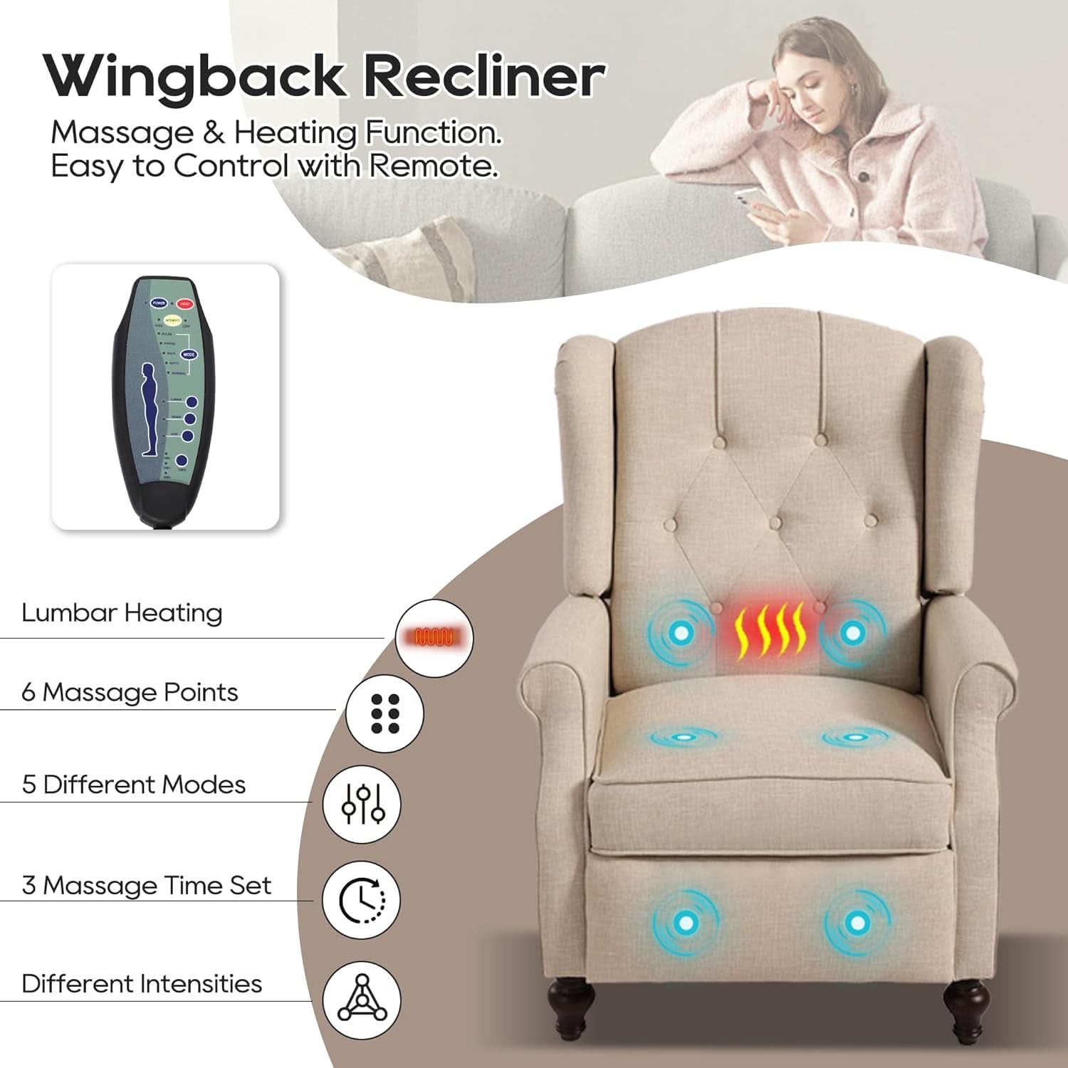 Vintage Wingback Recliner Chair With Massage And Heat