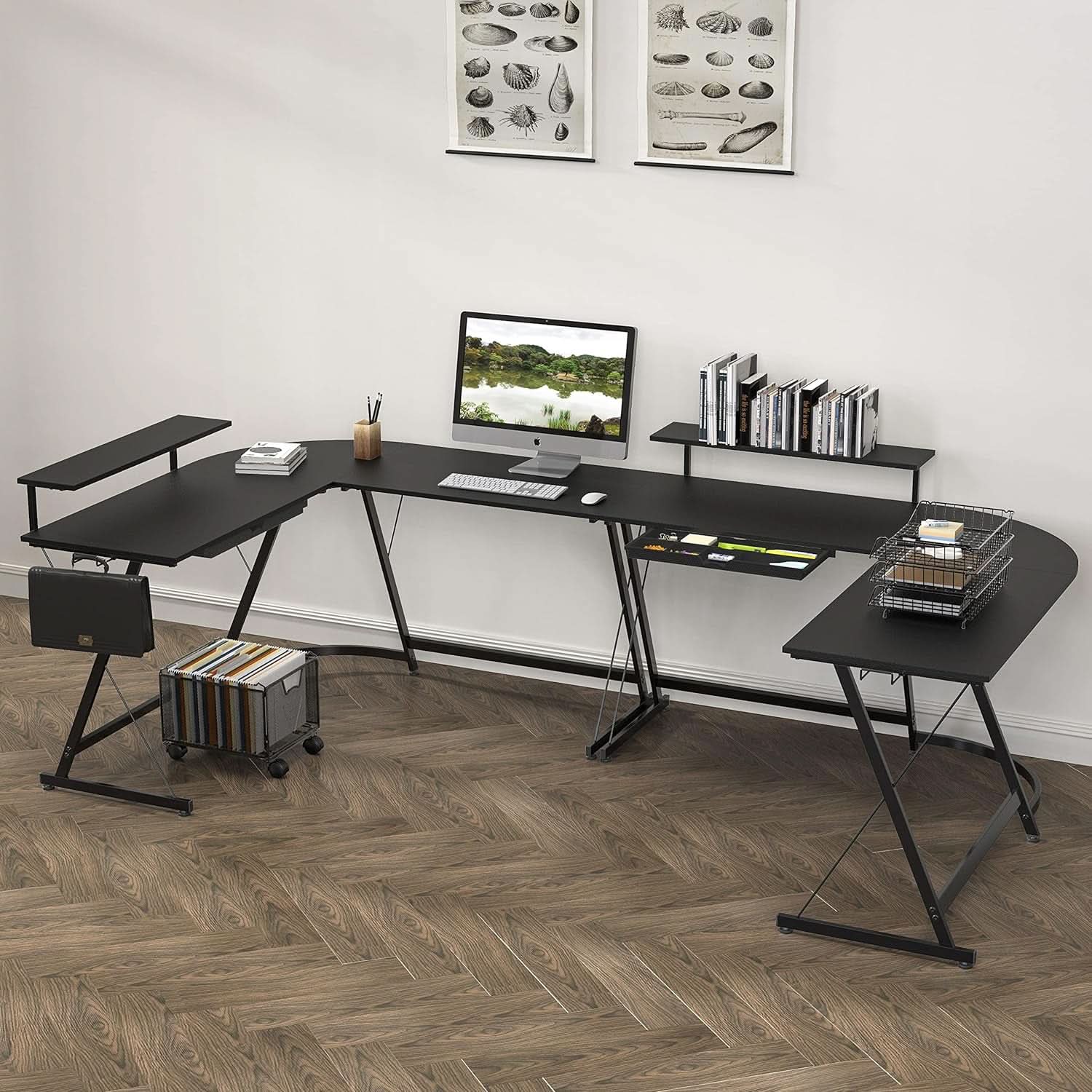 Vista L Shaped Desk With Removable Monitor Shelf In Black