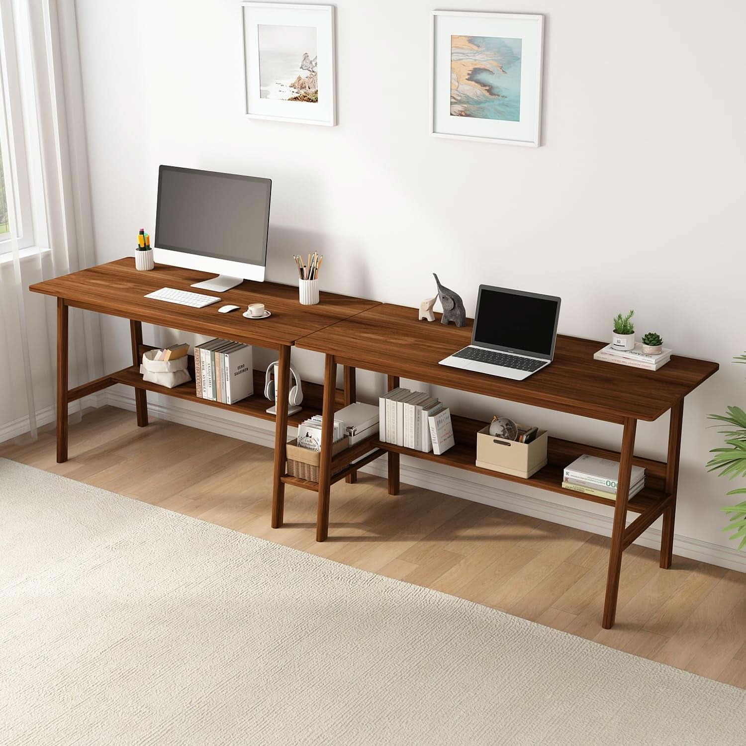 Walnut 110 Inches Twin Person Computer Workstation
