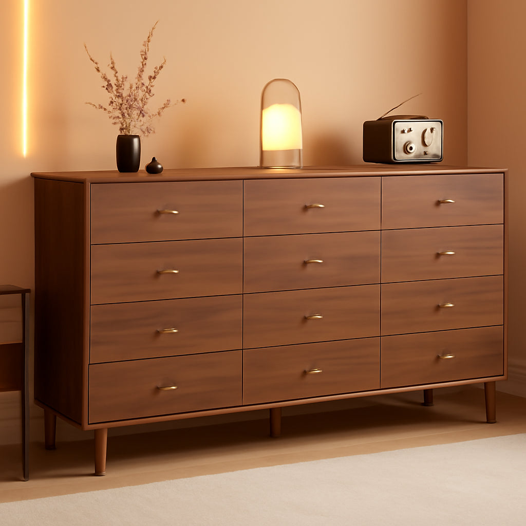 Walnut 63 Inch Wide Beveled Solid Hardwood Dresser 6 Drawer