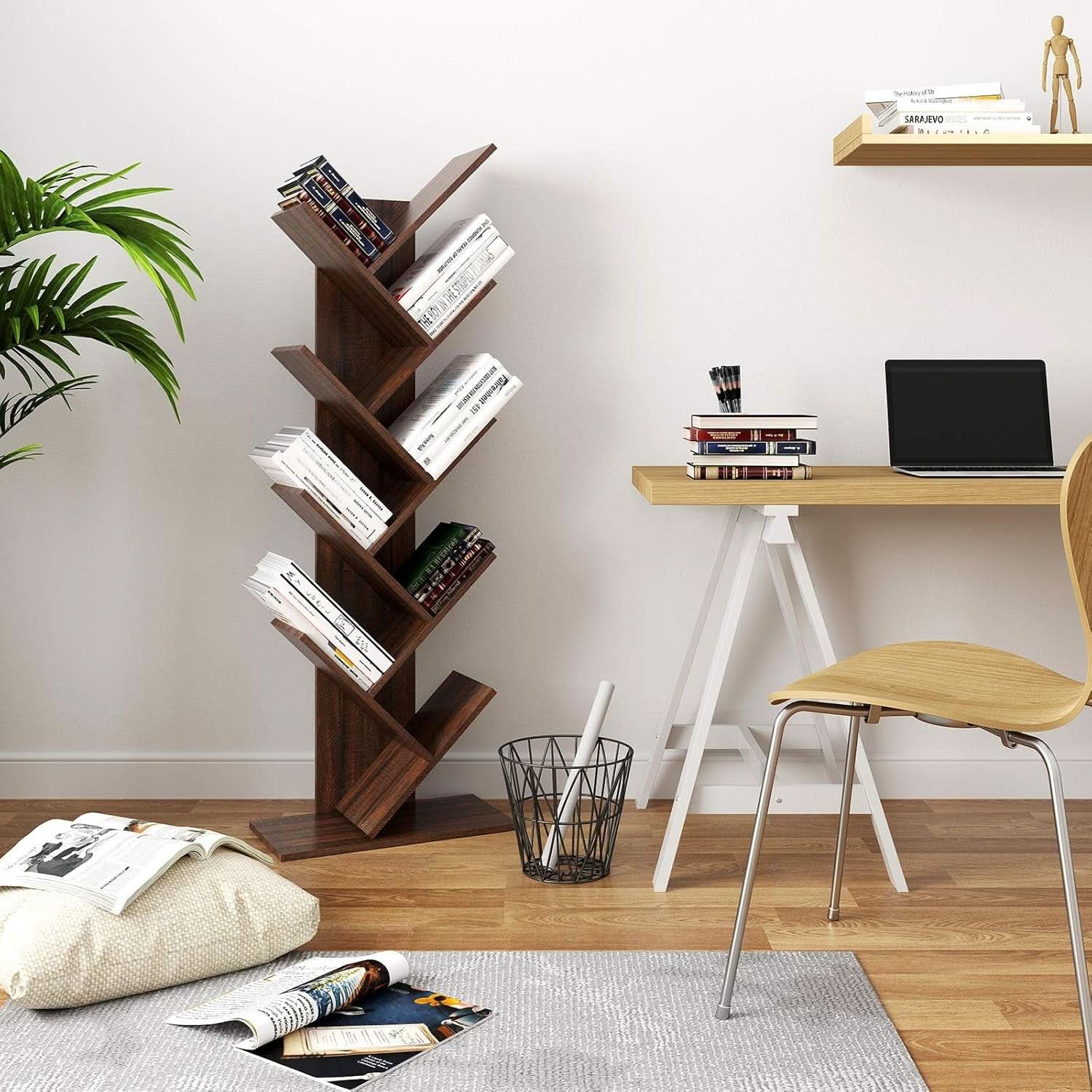 Walnut 9-Tier Tree Bookshelf Space-Saving Corner Shelf