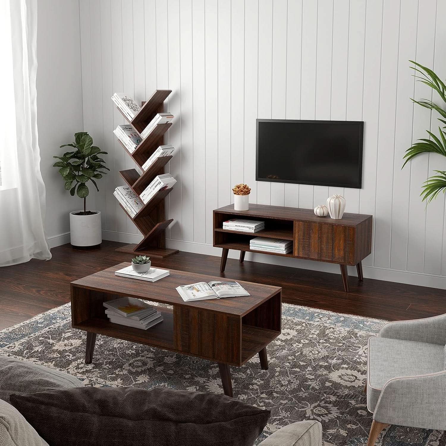 Walnut 9-Tier Tree Bookshelf Space-Saving Corner Shelf