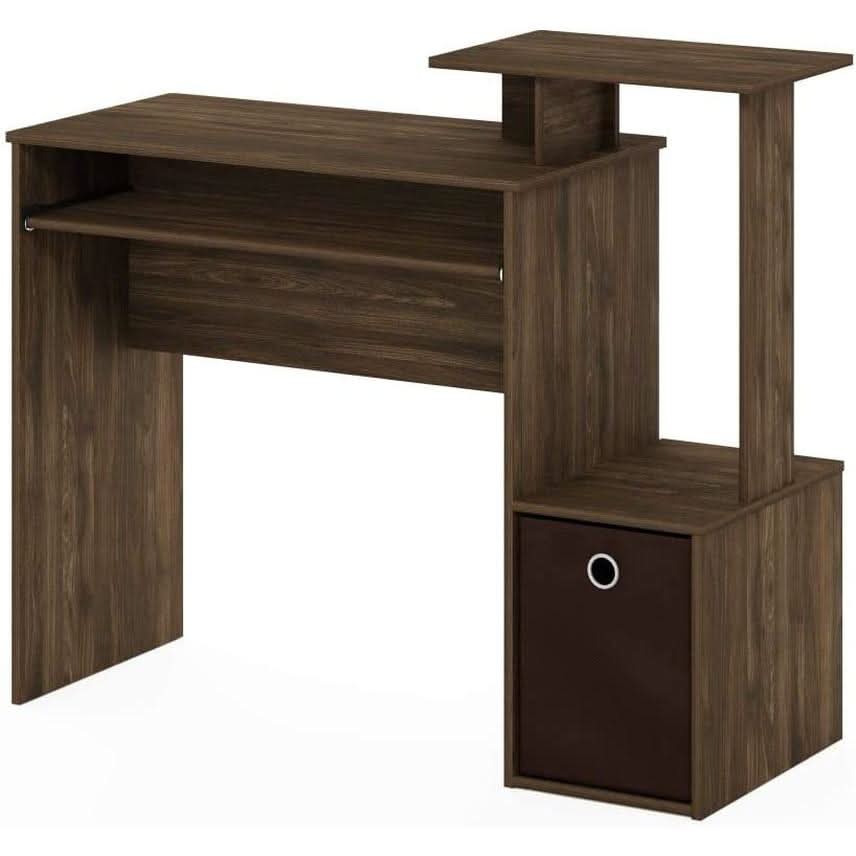 Walnut Compact Desk With Keyboard Tray And Shelves