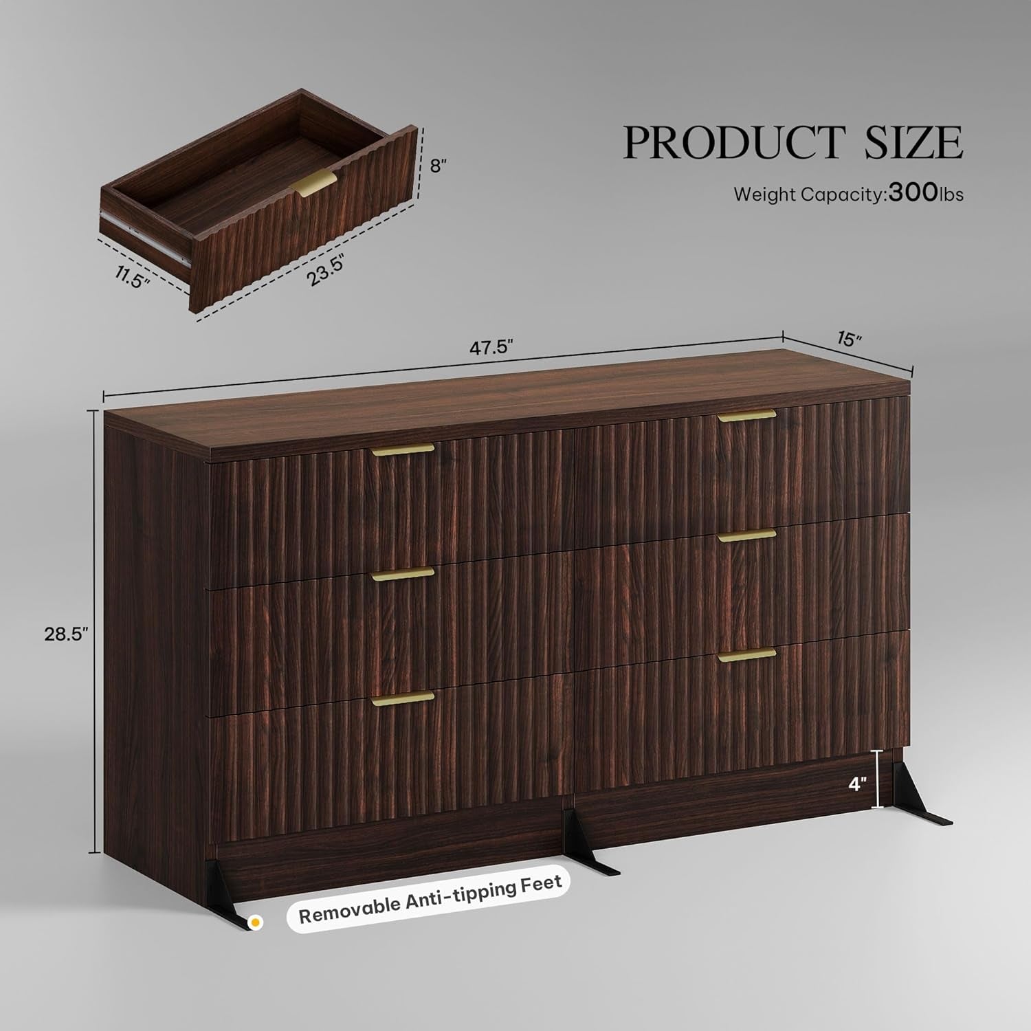 Walnut Dresser 47 Inch Wide Storage Cabinet For Bedroom
