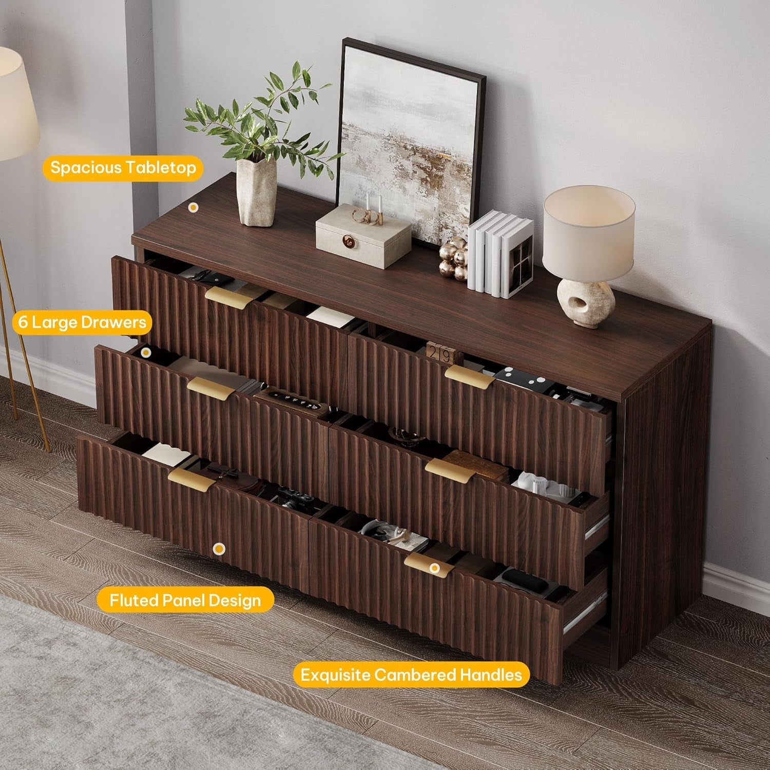 Walnut Dresser 47 Inch Wide Storage Cabinet For Bedroom