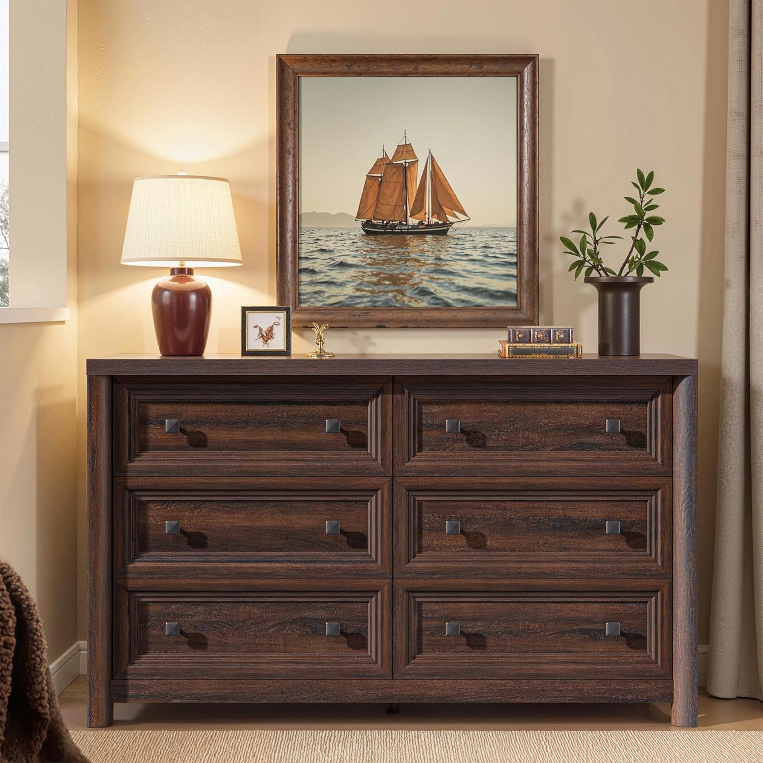 Walnut Fifty Two Inch Six Drawer Dresser With Smooth Glide
