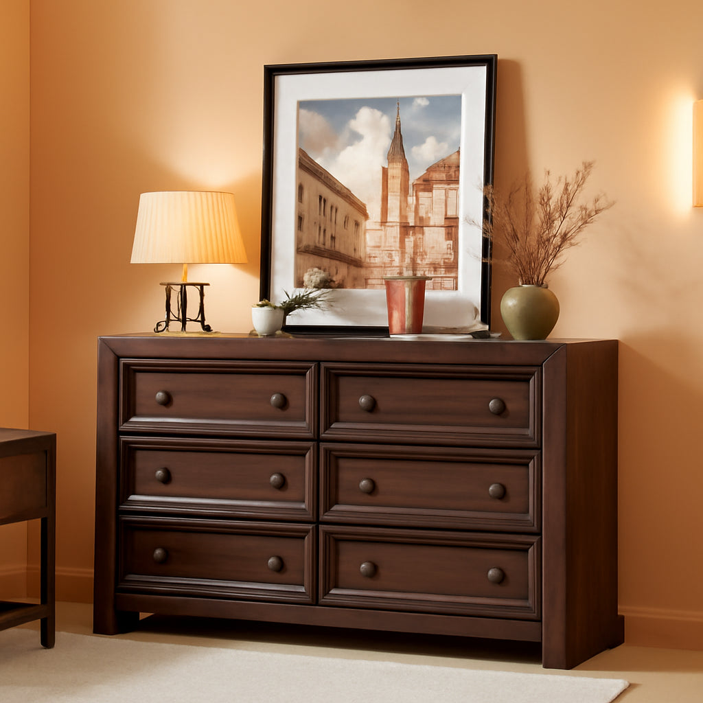 Walnut Fifty Two Inch Six Drawer Dresser With Smooth Glide