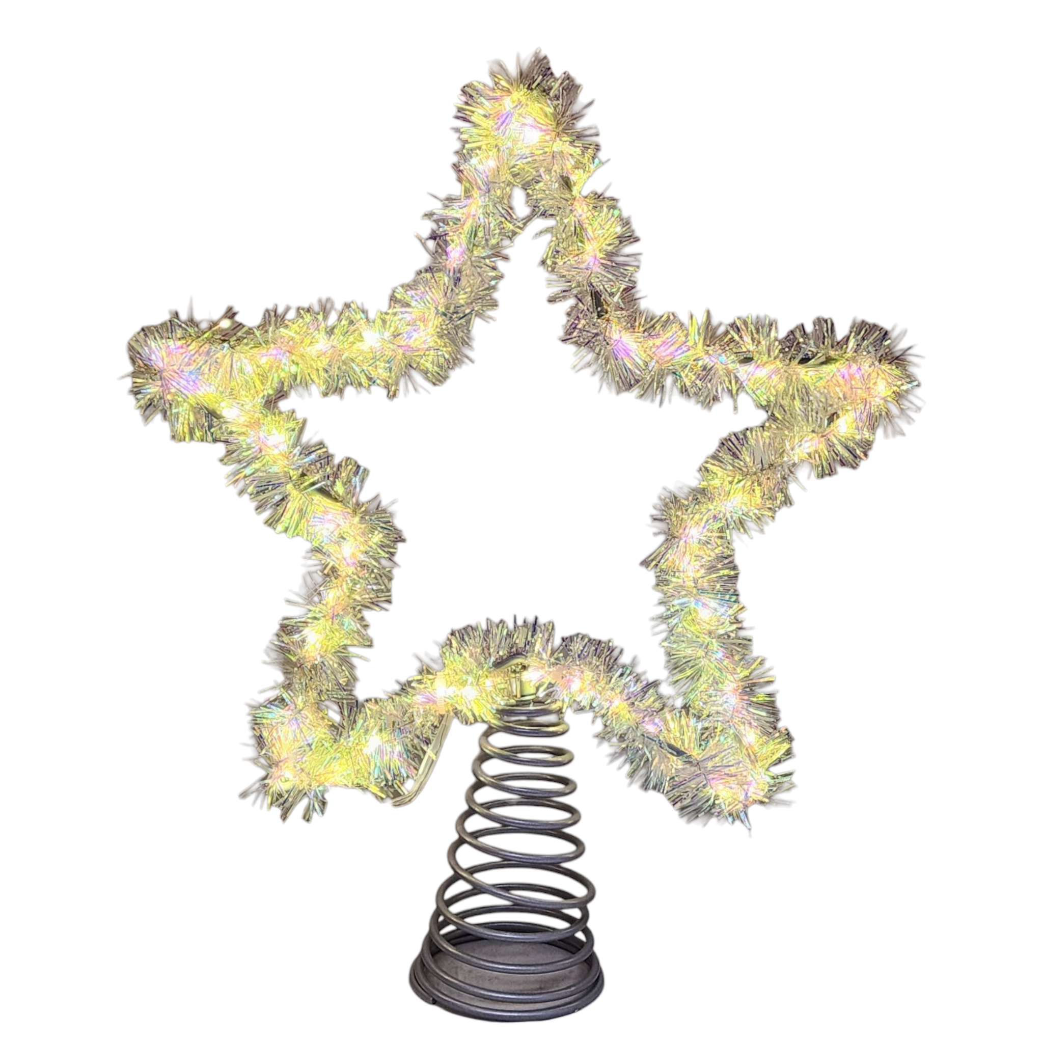 Warm White LED Silver Tinsel Star Treetop - 12 Inch
