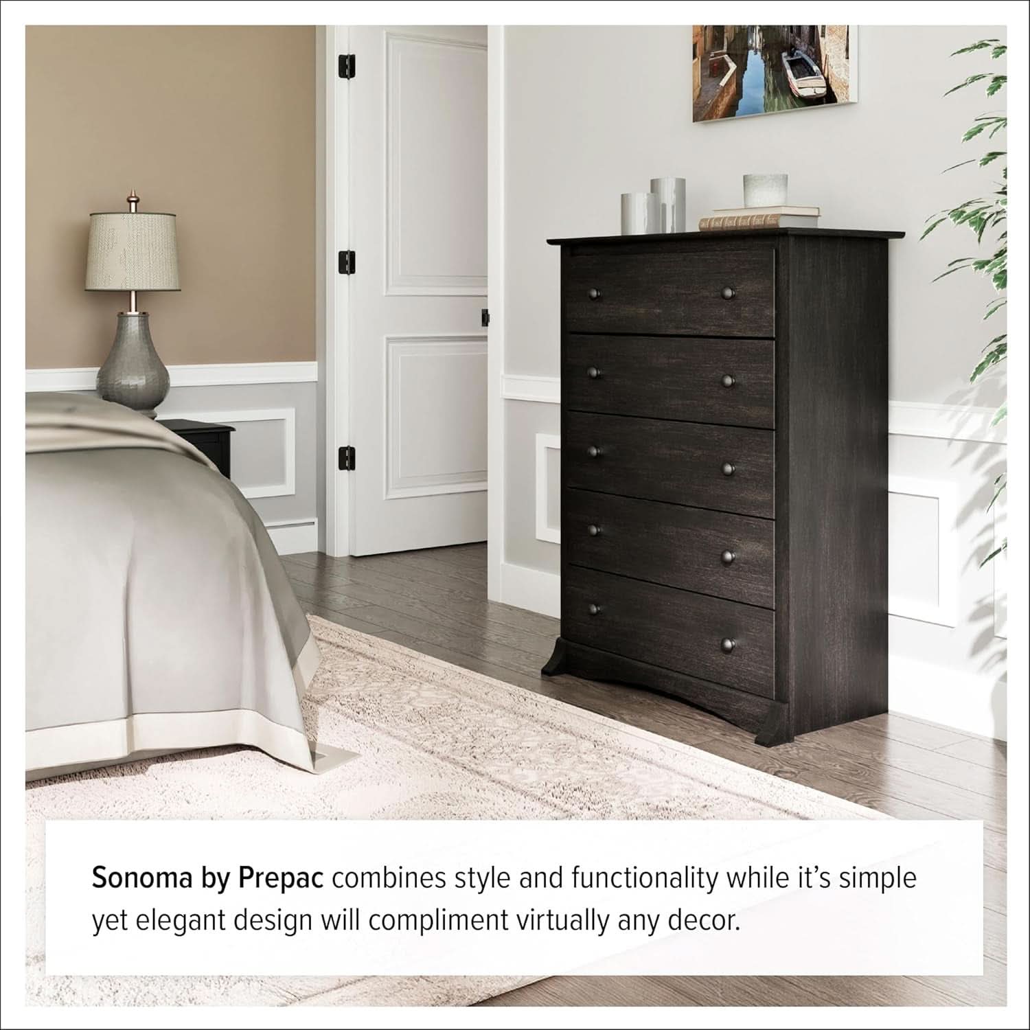 Washed Black Traditional 5 Drawer Tall Dresser For Bedroom