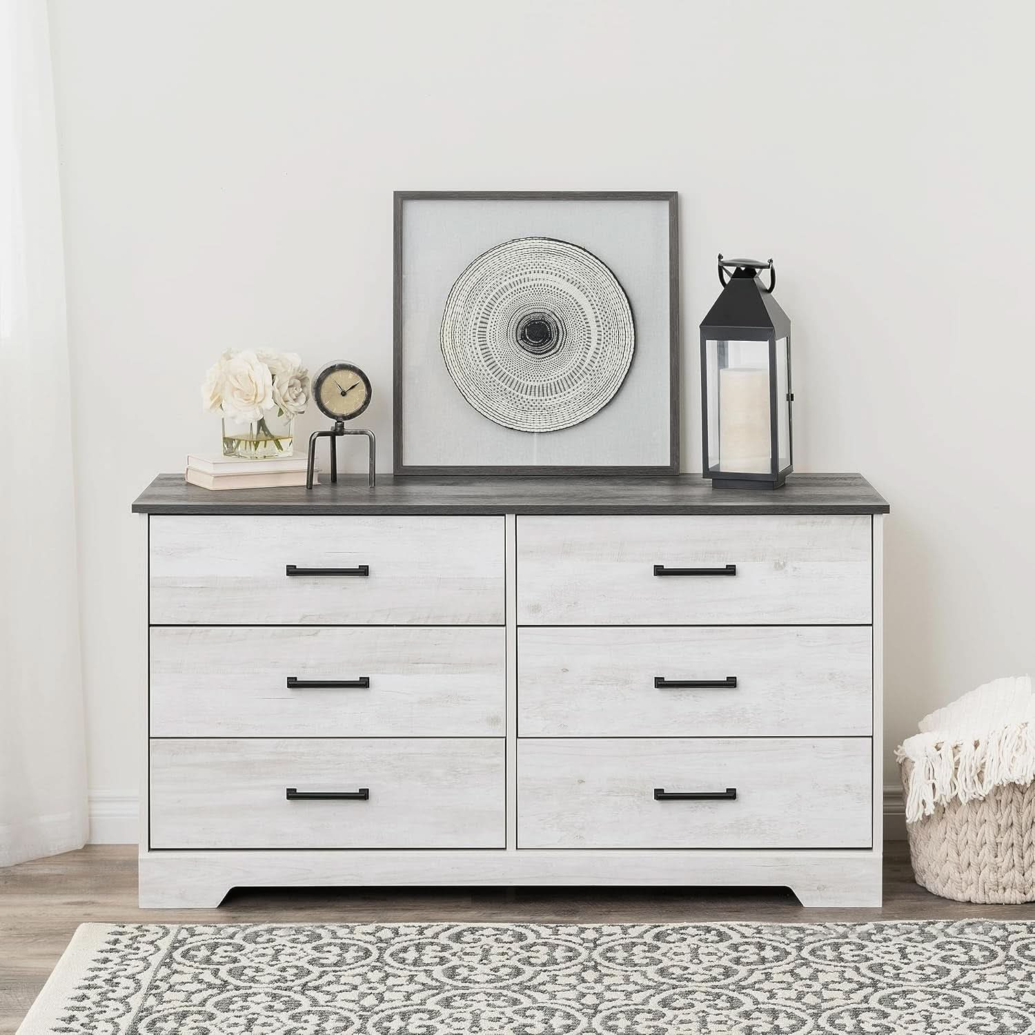 Washed White Farmhouse Dresser 6 Drawer Chest 53 Inch Wide