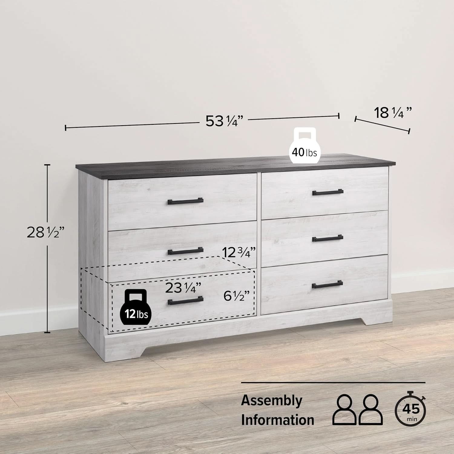 Washed White Farmhouse Dresser 6 Drawer Chest 53 Inch Wide