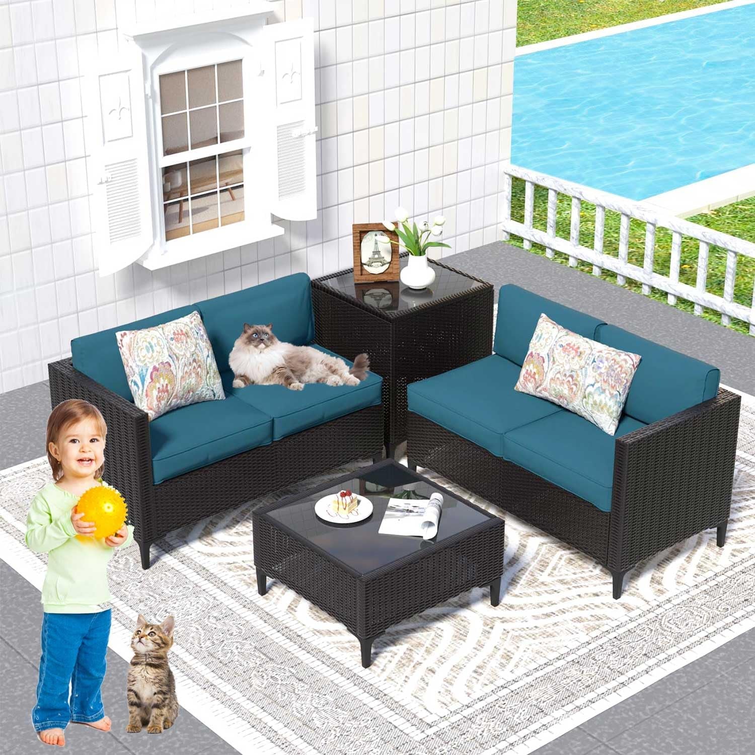 Waterproof Rattan Patio Furniture Set with Thick Cushions