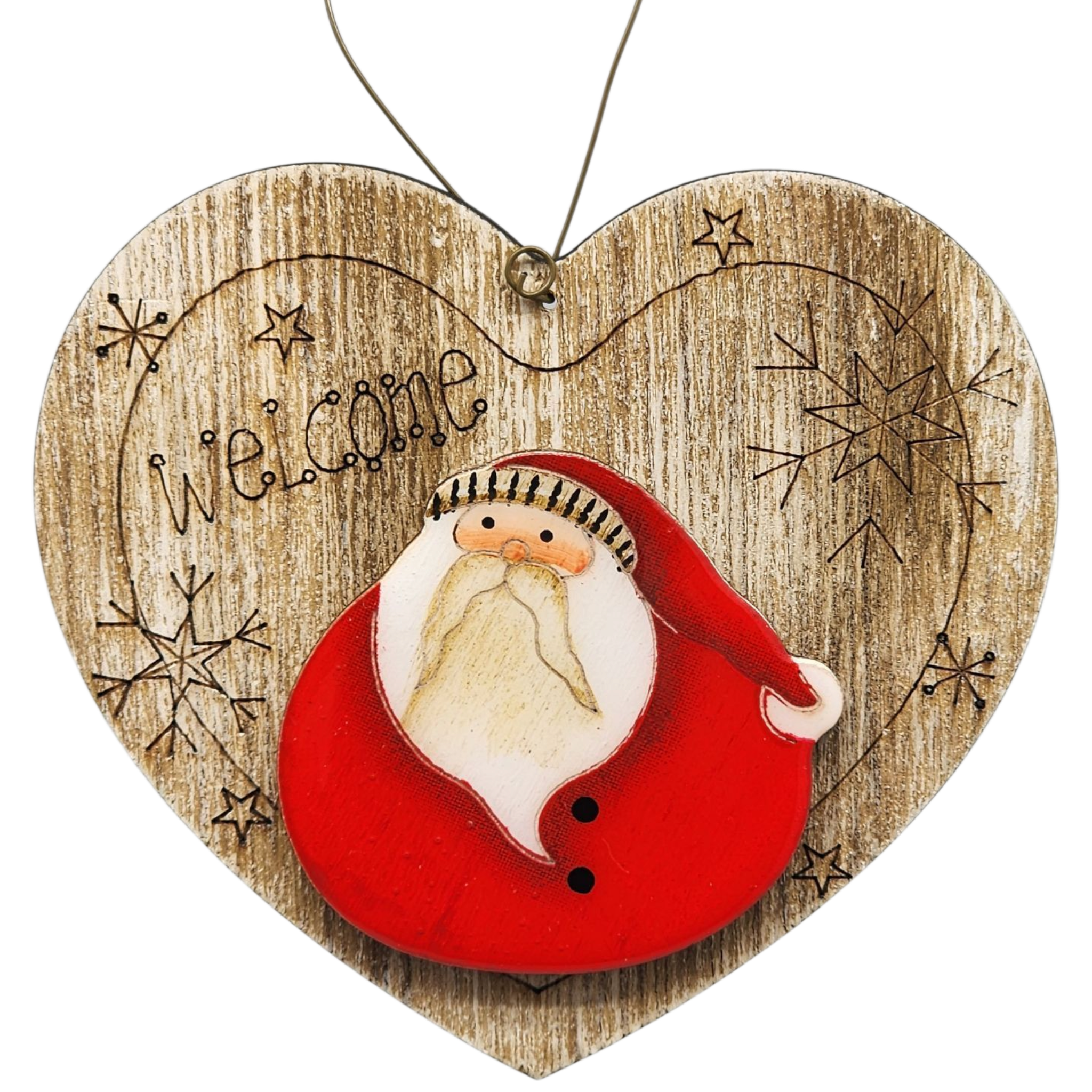 Welcome Santa Heart Wooden Ornament