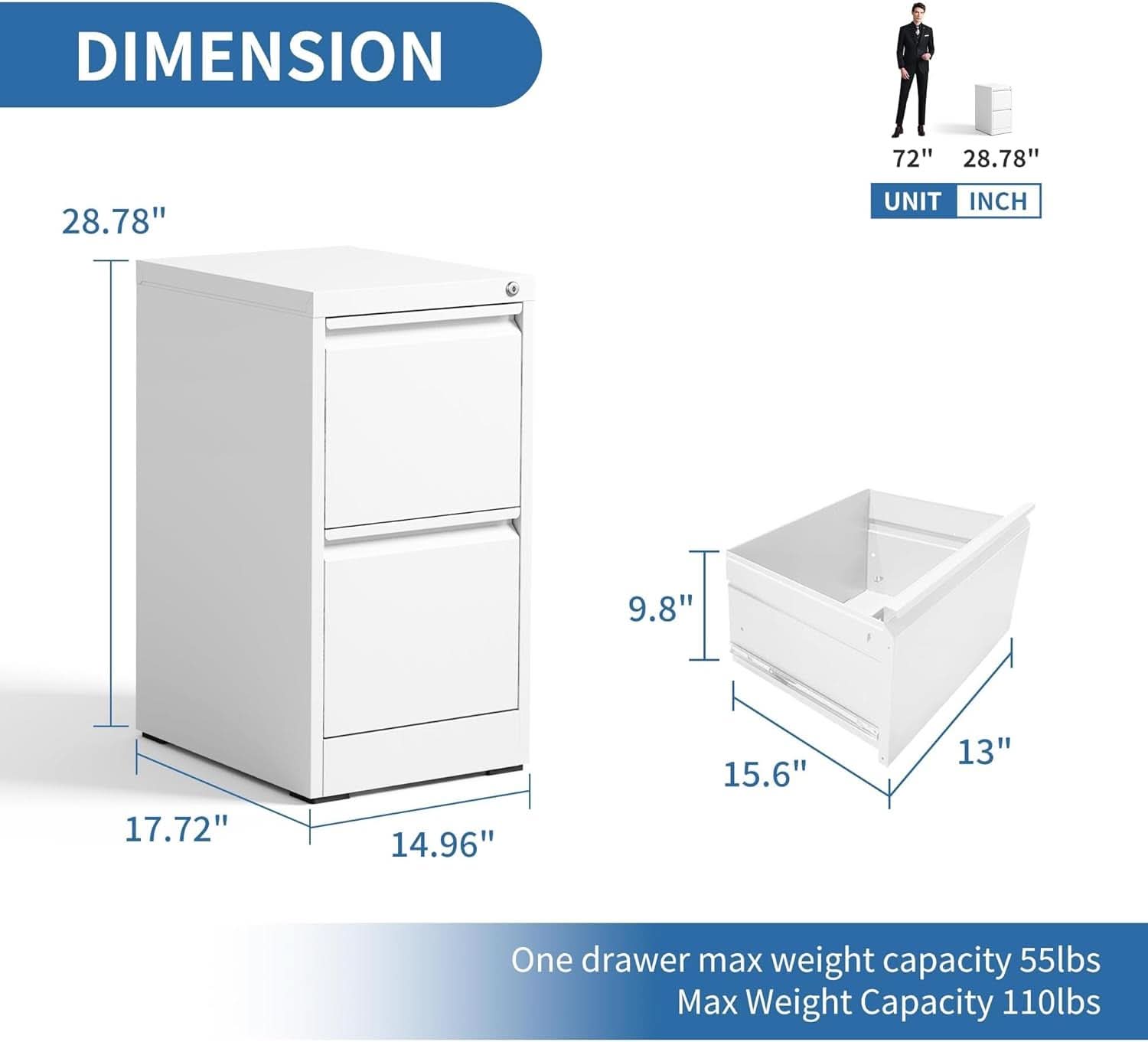 White 2 Drawer File Cabinet With Lock For Home Office Vertical Metal Filing Cabinet For Letter Legal A4 Files