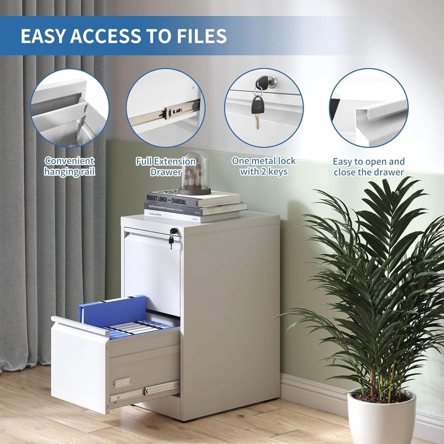 White 2 Drawer File Cabinet With Lock For Home Office Vertical Metal Filing Cabinet For Letter Legal A4 Files