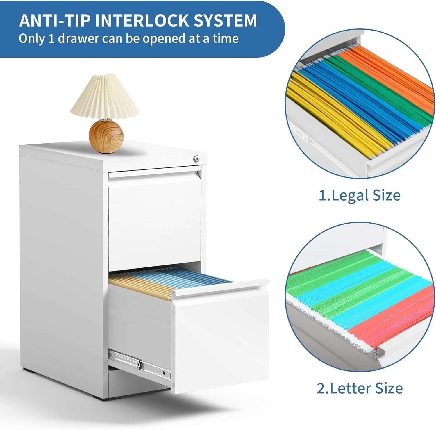 White 2 Drawer File Cabinet With Lock For Home Office Vertical Metal Filing Cabinet For Letter Legal A4 Files
