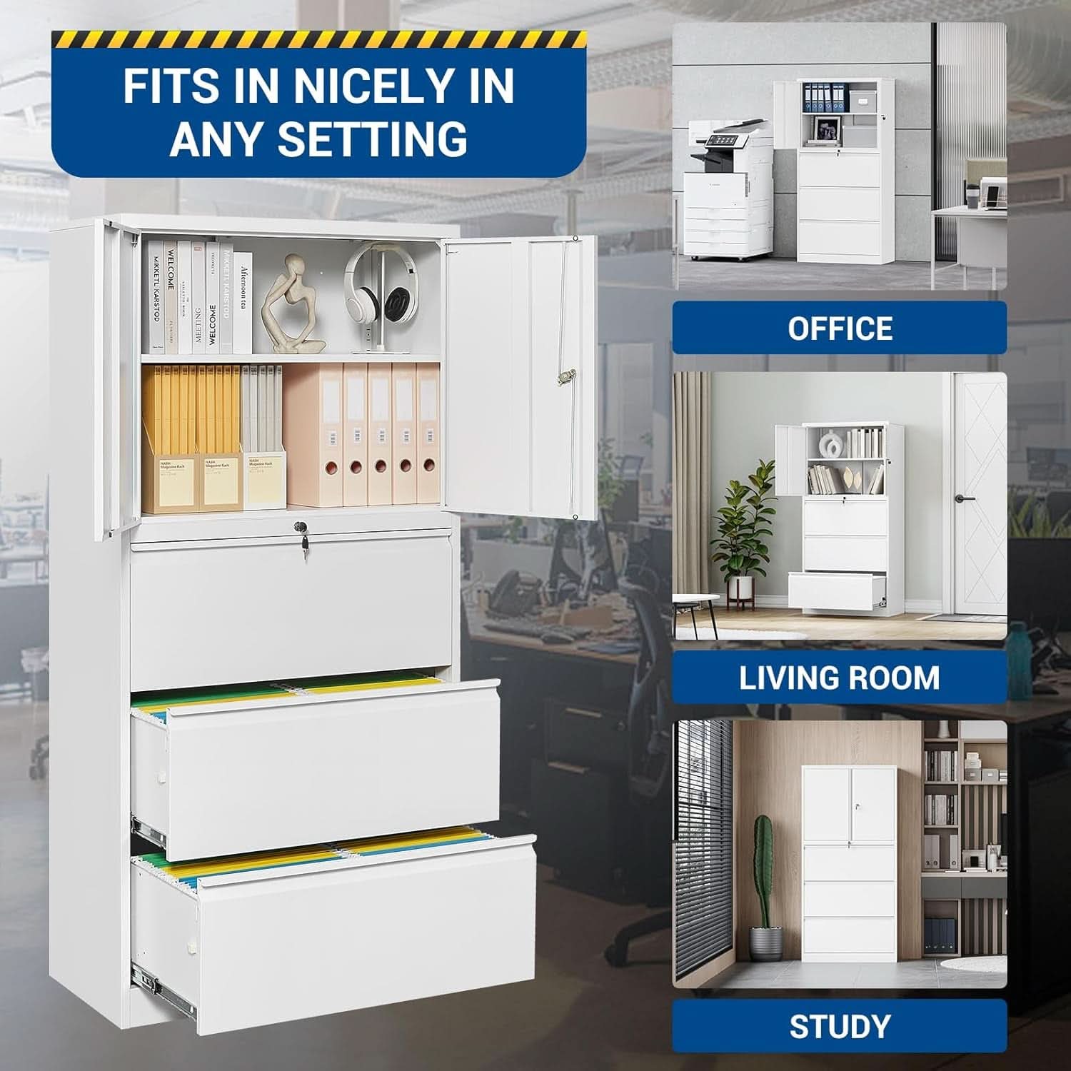 White 3 Drawer Metal Lateral File Cabinet With Lockable Drawer For Hanging Files Letter Legal F4 A4