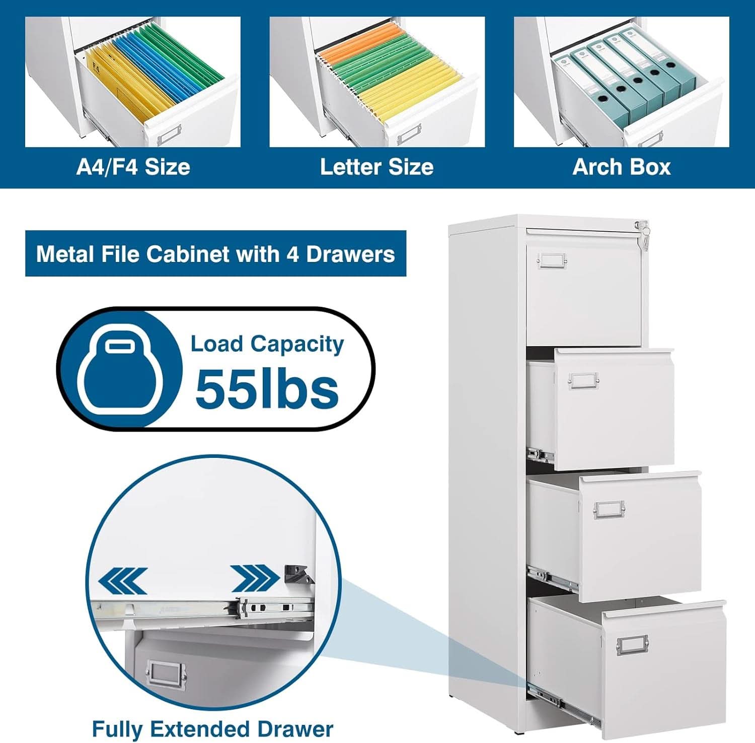 White 4 Drawer File Cabinet With Lock 16 Inch Deep