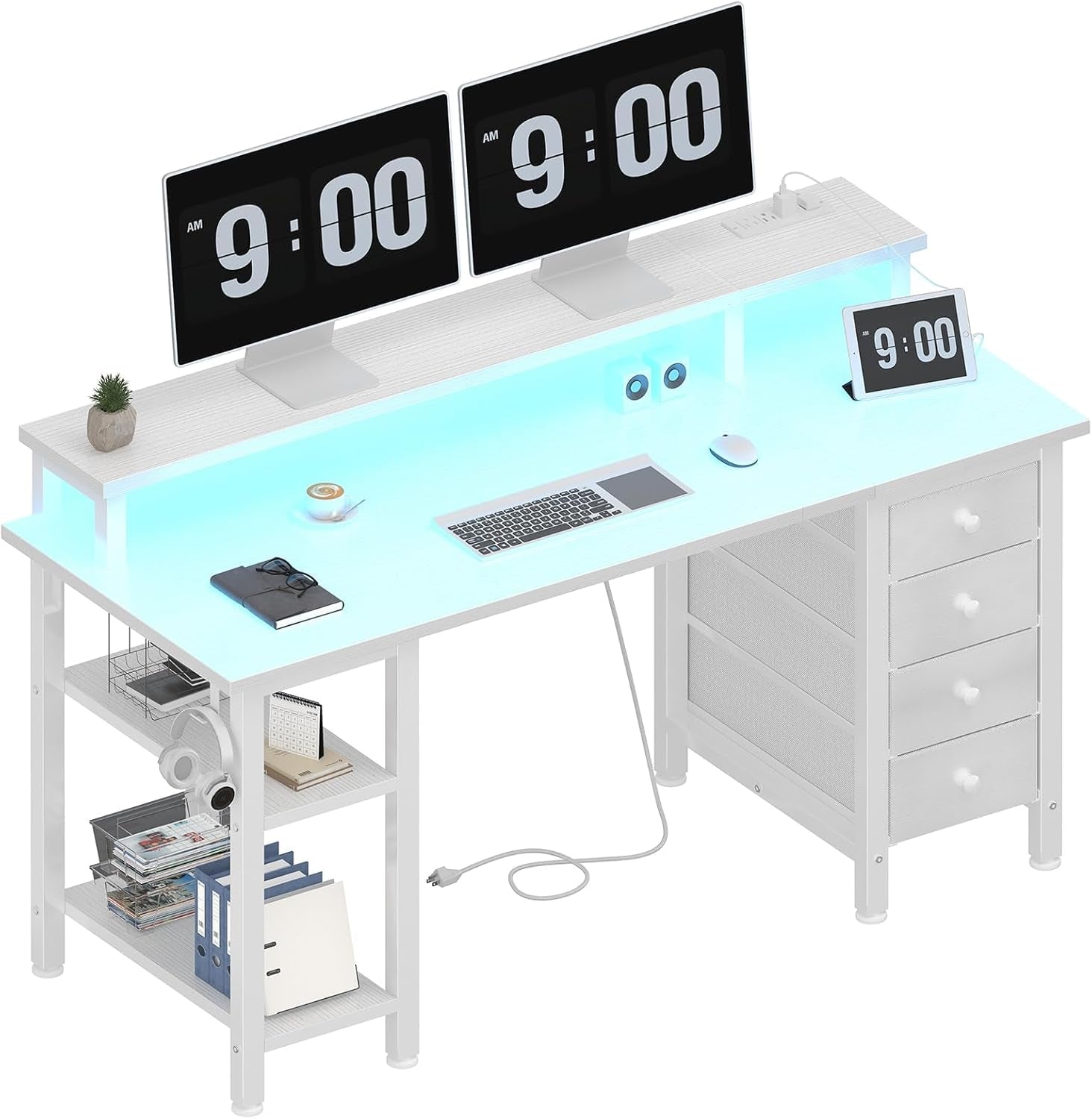 White 47 Inch Computer Gaming Desk With Monitor Stand And Power Outlets