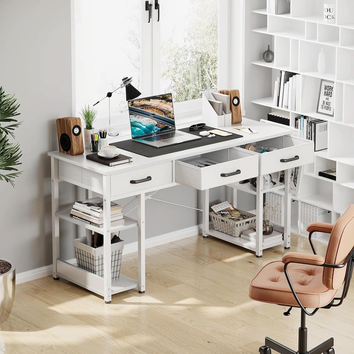 White 48 Inch Contemporary Premier Desk With Drawers