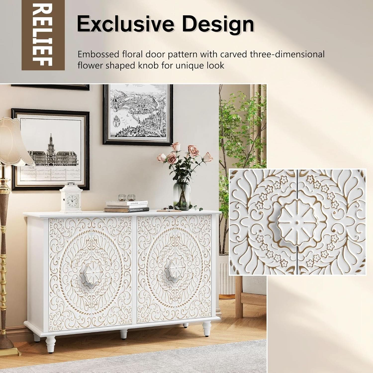 White 48 Inch Sideboard Cabinet With Embossed Doors