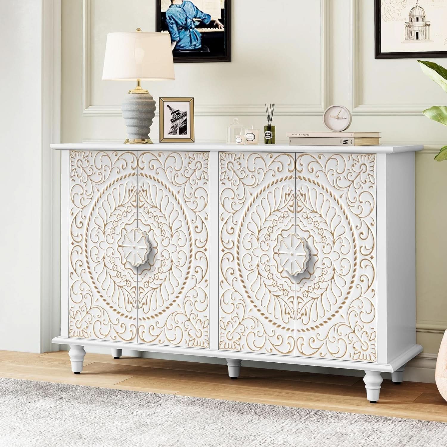 White 48 Inch Sideboard Cabinet With Embossed Doors