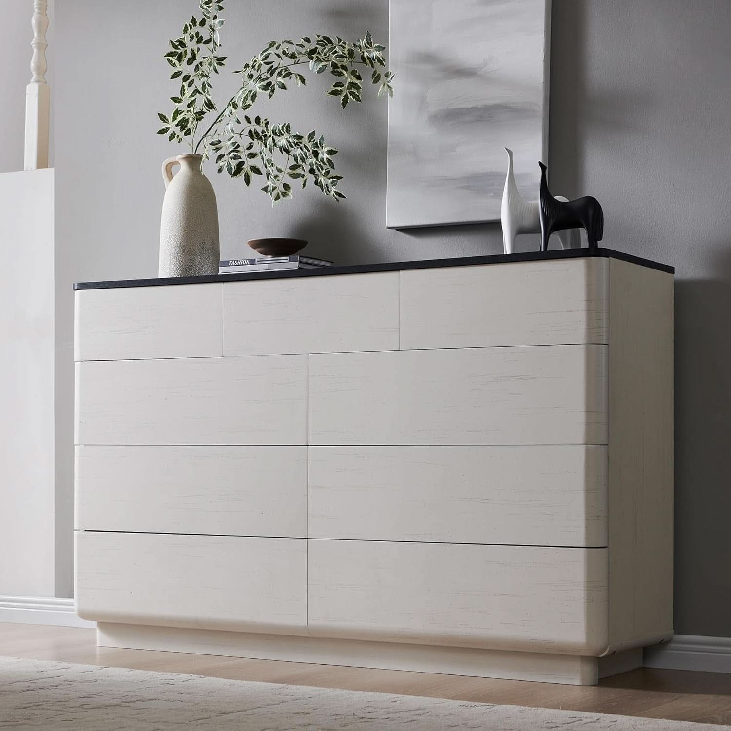 White 52 Inch Handleless Nine Drawer Dresser With Storage