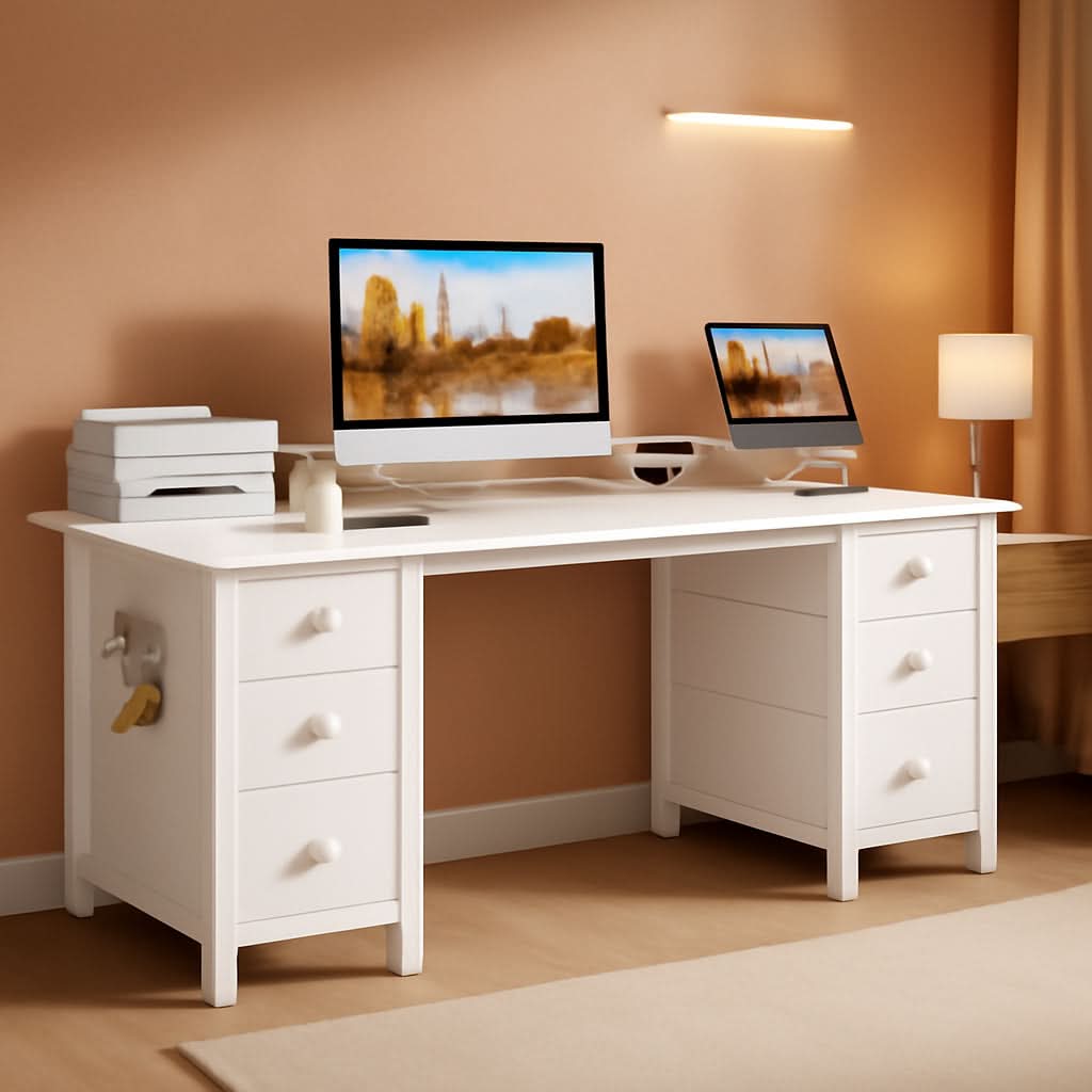 White 55 Inch Computer Desk With 8 Fabric Drawers Storage