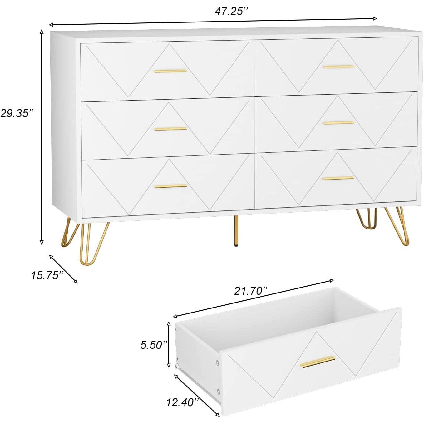 White 6 Drawer Dresser With Wide Drawers For Bedroom