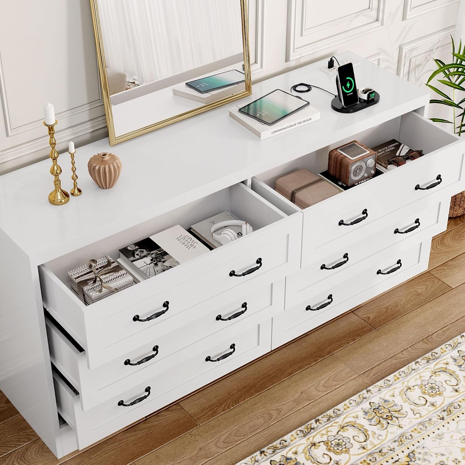White 65 Inch TV Stand With Built In Outlets And 6 Drawers