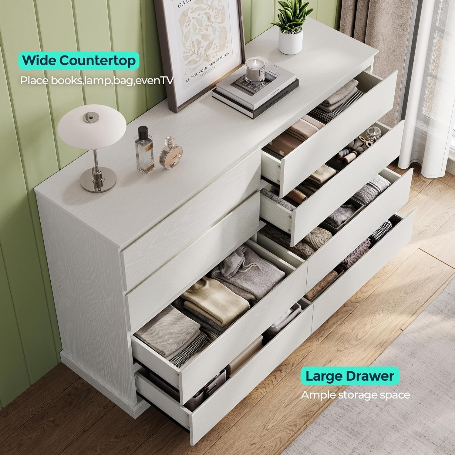 White 8 Drawer Dresser 54 Inch Modern Farmhouse Storage