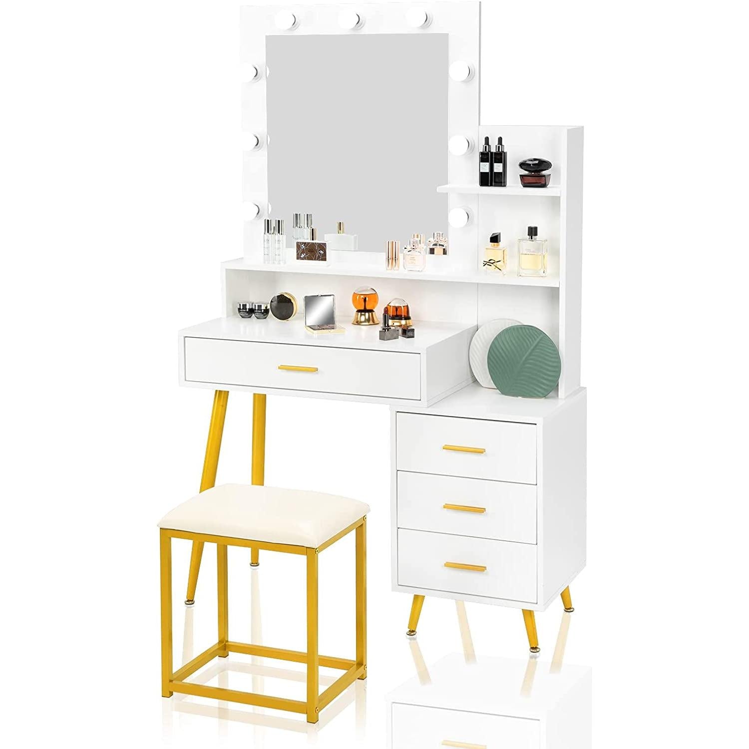White And Gold Vanity Table Set With Lighted Mirror