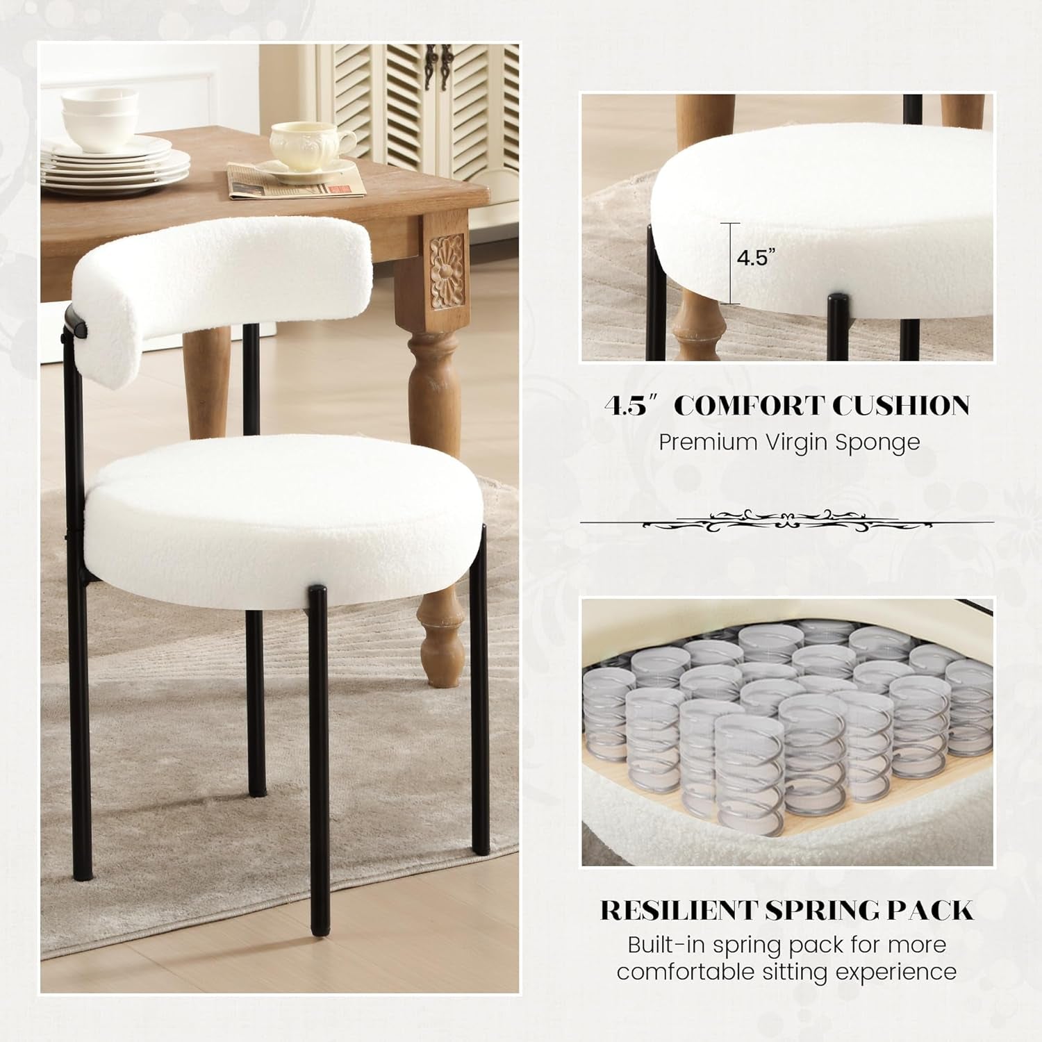White Boucle Dining Chairs Set Of 4 With Curved Backrest For Kitchen