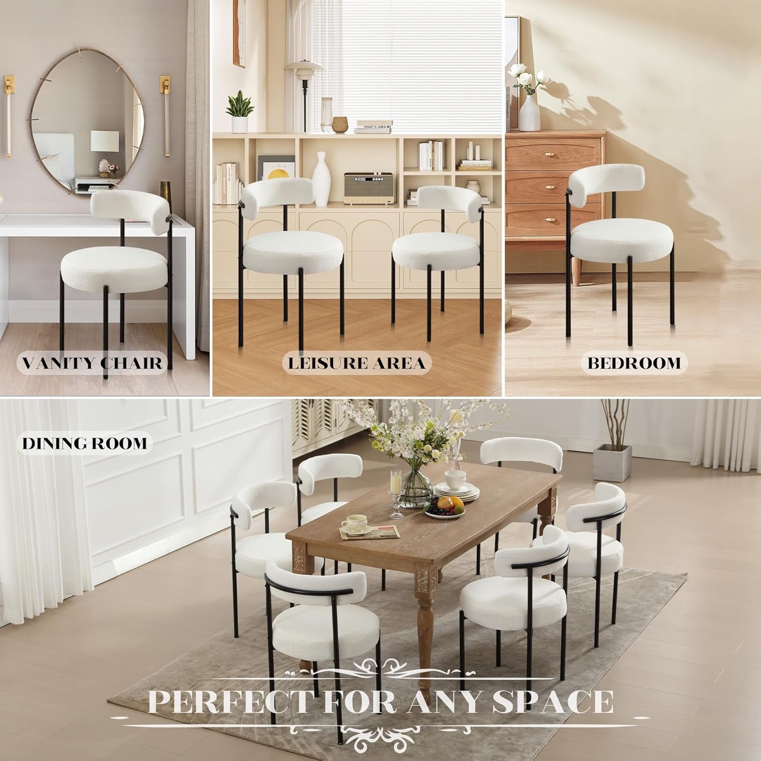 White Boucle Dining Chairs Set Of 4 With Curved Backrest For Kitchen