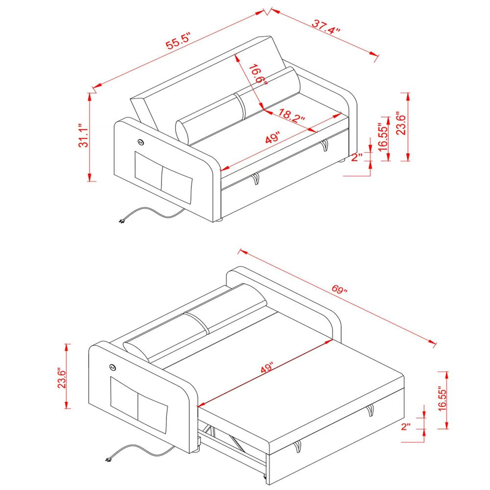 White Convertible Loveseat Sofa Bed With USB Charging