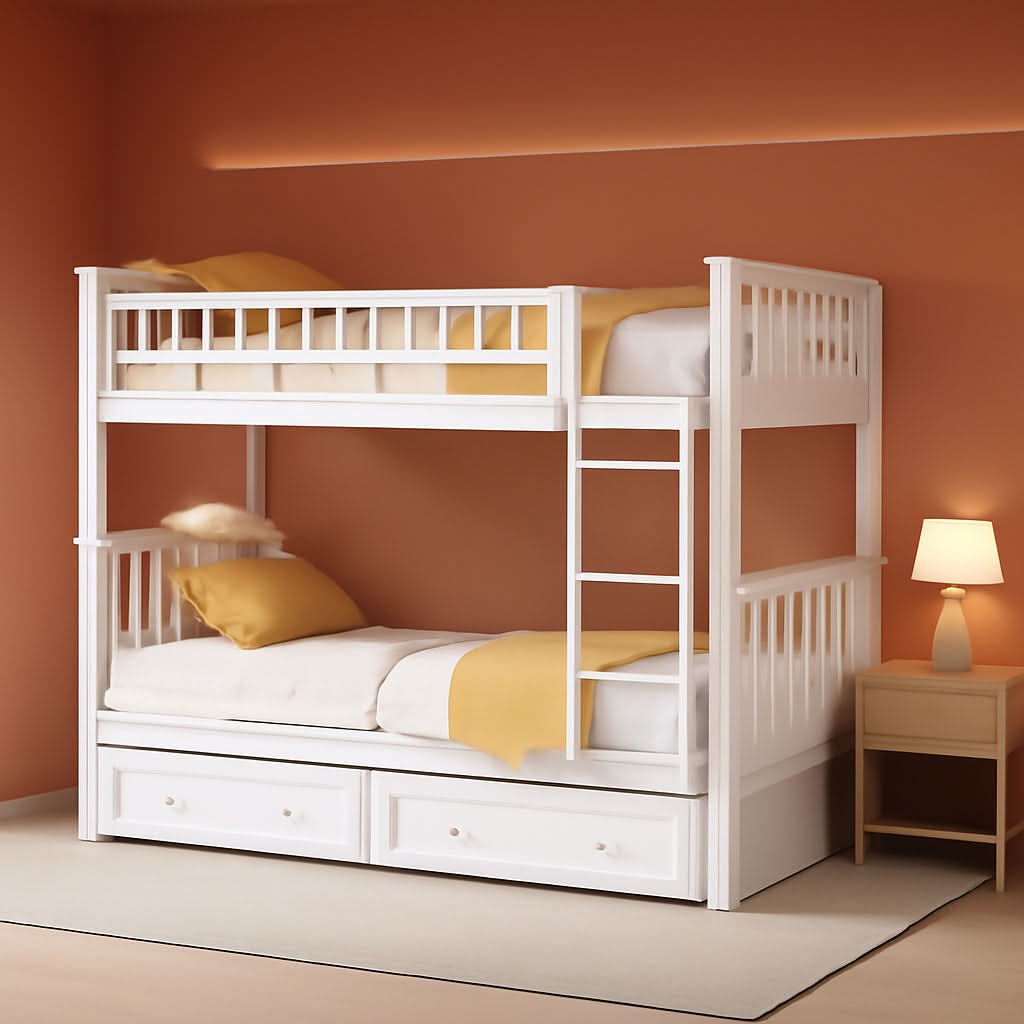 White Convertible Wood Twin Over Twin Bunk Bed With Storage Drawers