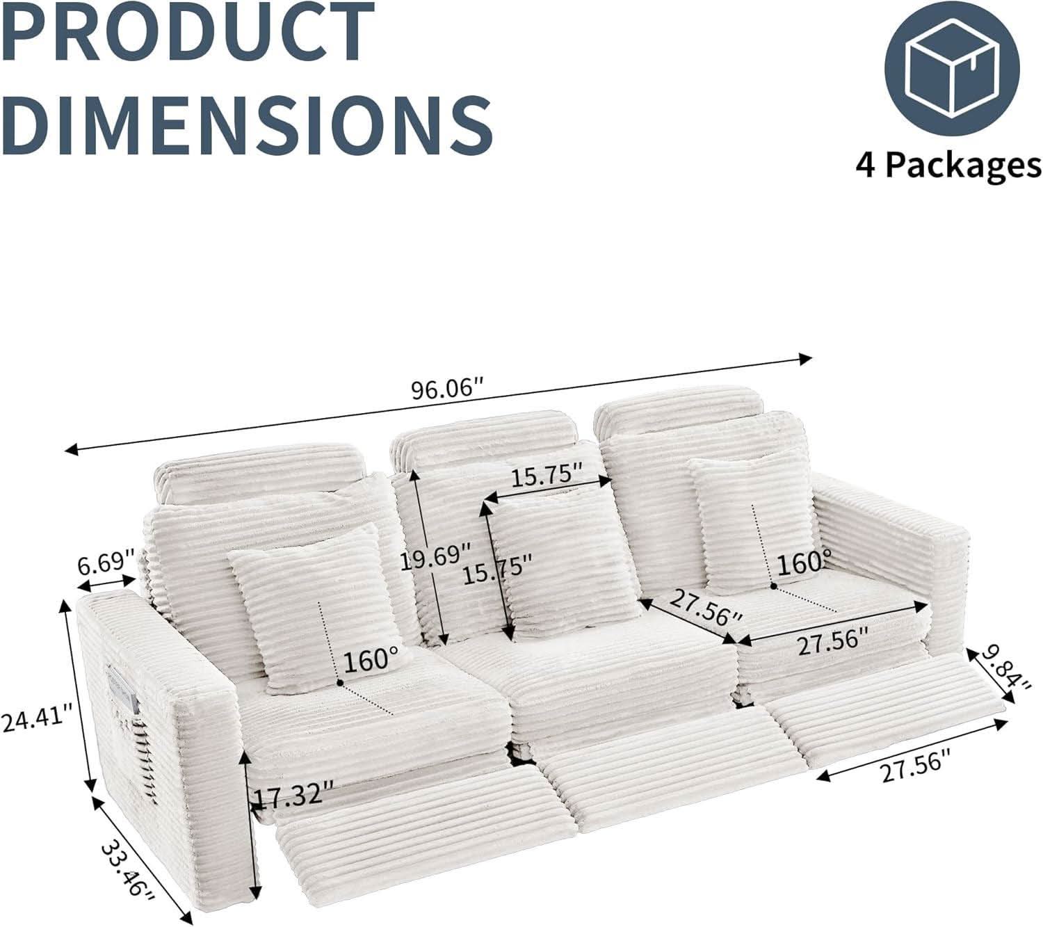 White Corduroy 3 Seater Power Recliner Sofa Side Pockets