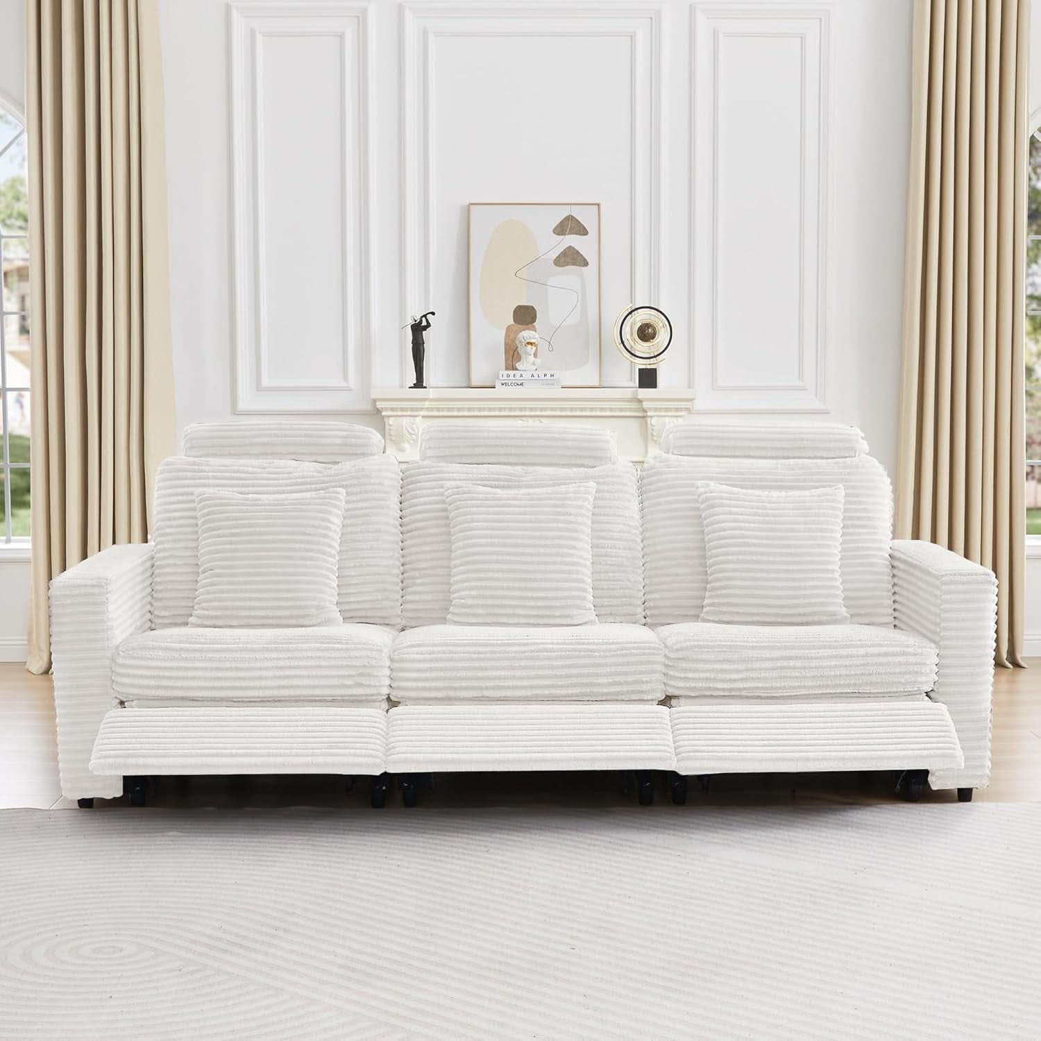White Corduroy 3 Seater Power Recliner Sofa Side Pockets