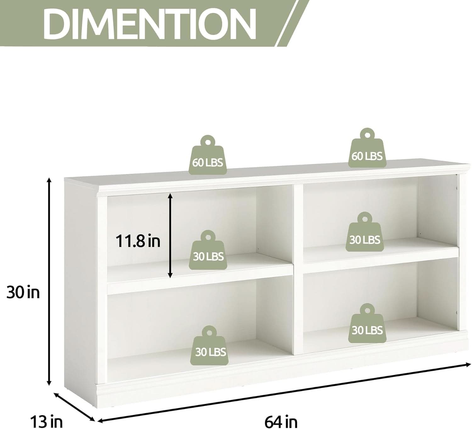 White Double Wide Bookshelf 64 Inch 2 Tier Storage Unit