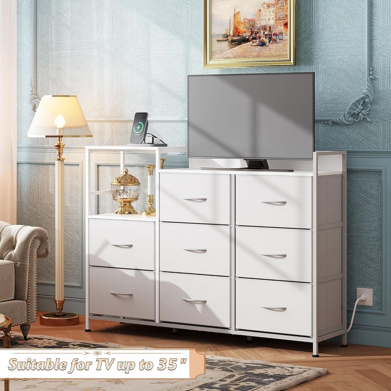 White Dresser TV Stand With Charging Station And Open Shelves 8 Drawers