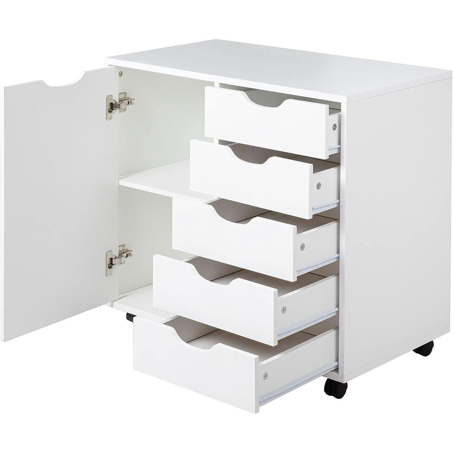 White Dresser With 5 Drawers And Rolling Swivel Wheels