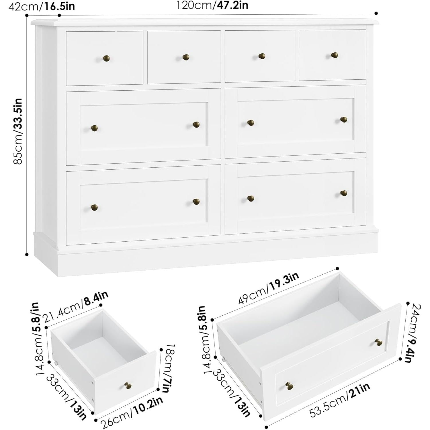 White Dresser With 8 Deep Drawers And Anti Tipping Device
