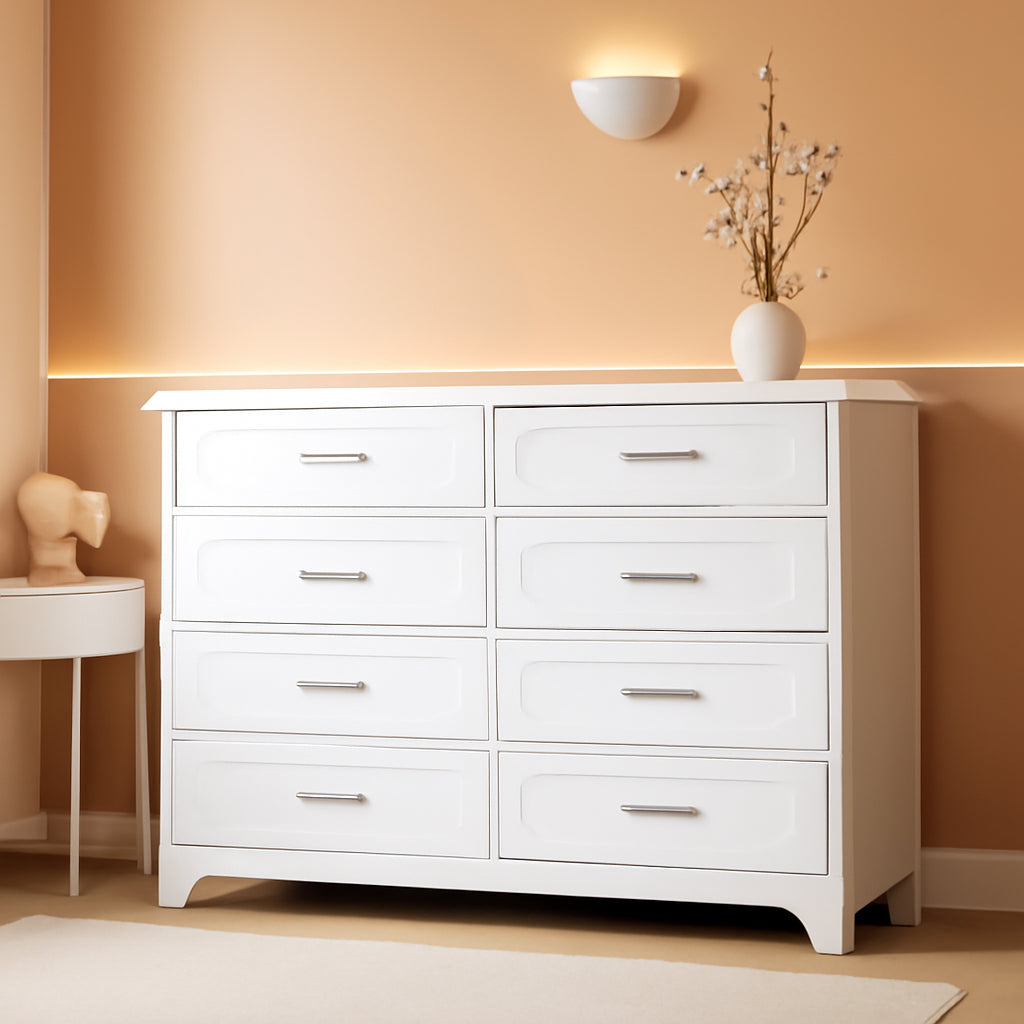 White Dresser With 8 Deep Drawers For Bedroom Or Living Room Storage