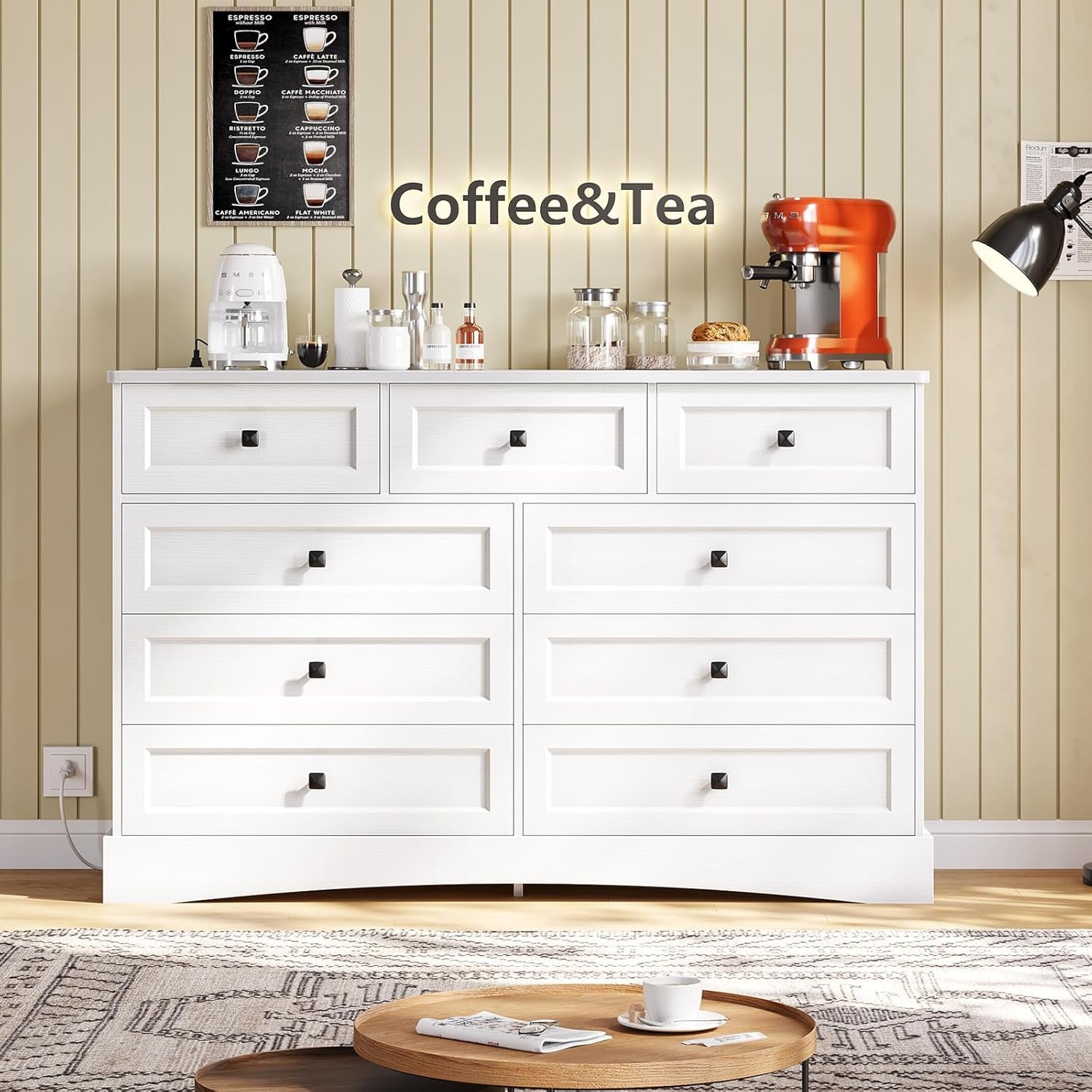 White Dresser With 9 Drawers And Charging Station Large