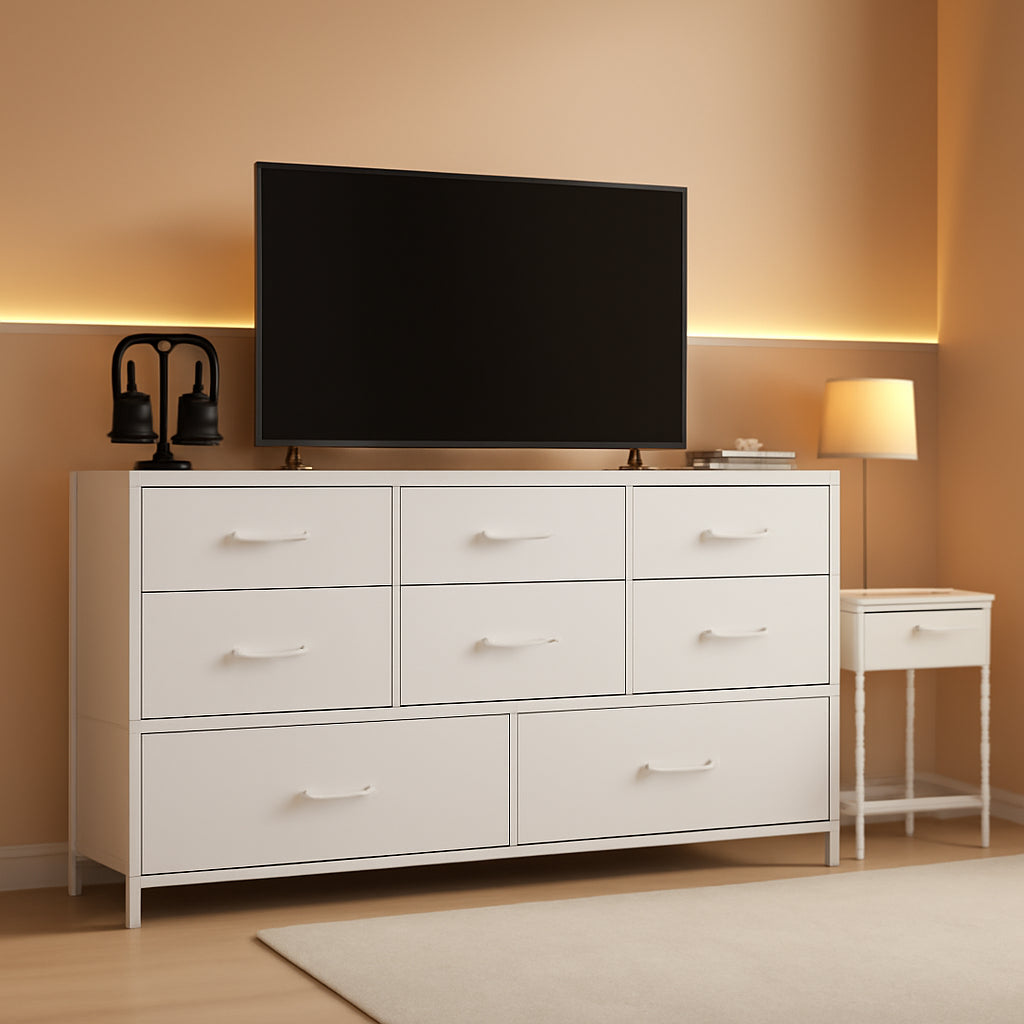 White Dresser With 9 Large Drawers For 55 Inch TV Stand