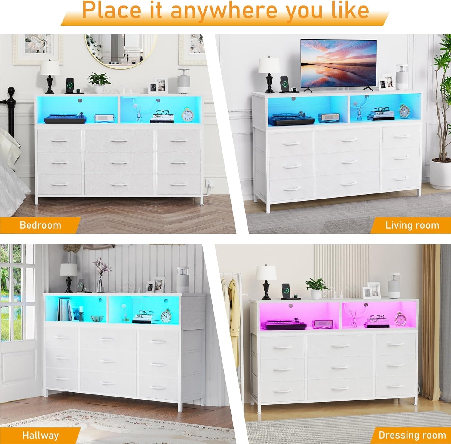 White Dresser With Built In LED USB Charging Station