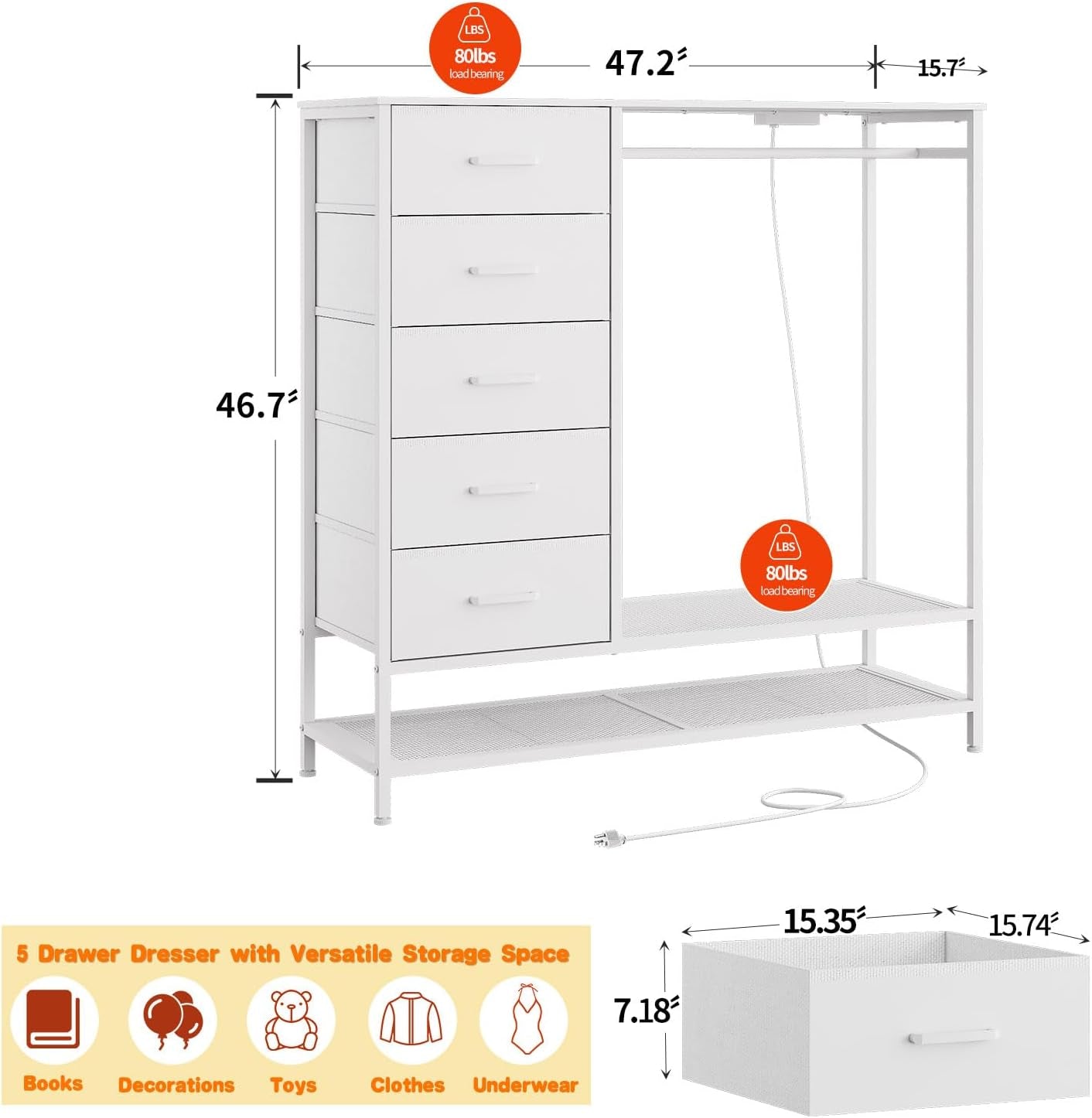 White Dresser With LED Lights And Charging Station