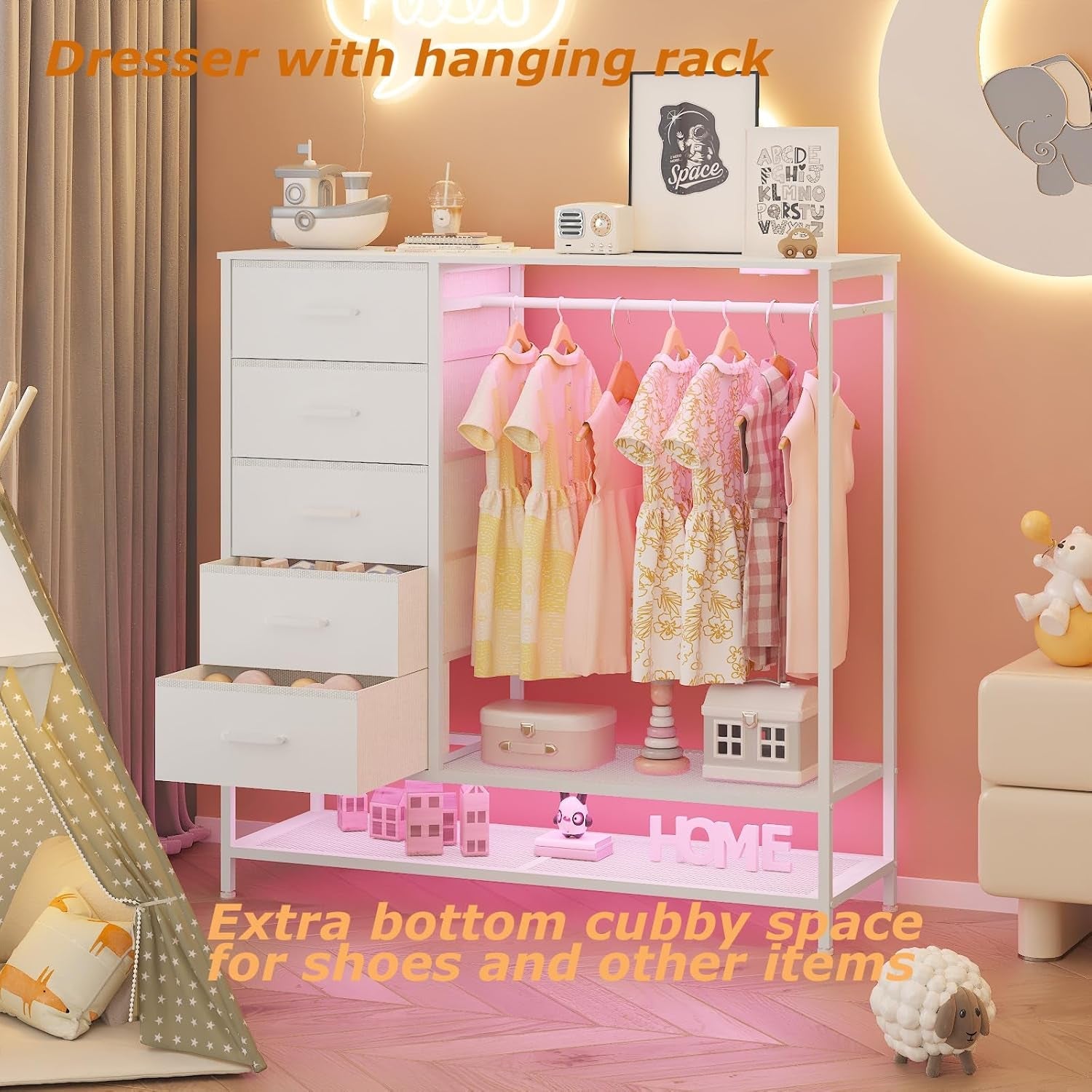 White Dresser With LED Lights And Charging Station